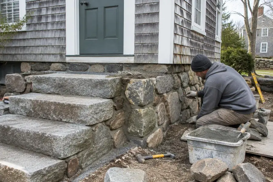 Granite steps and fieldstone foundation being repaired at a New England home