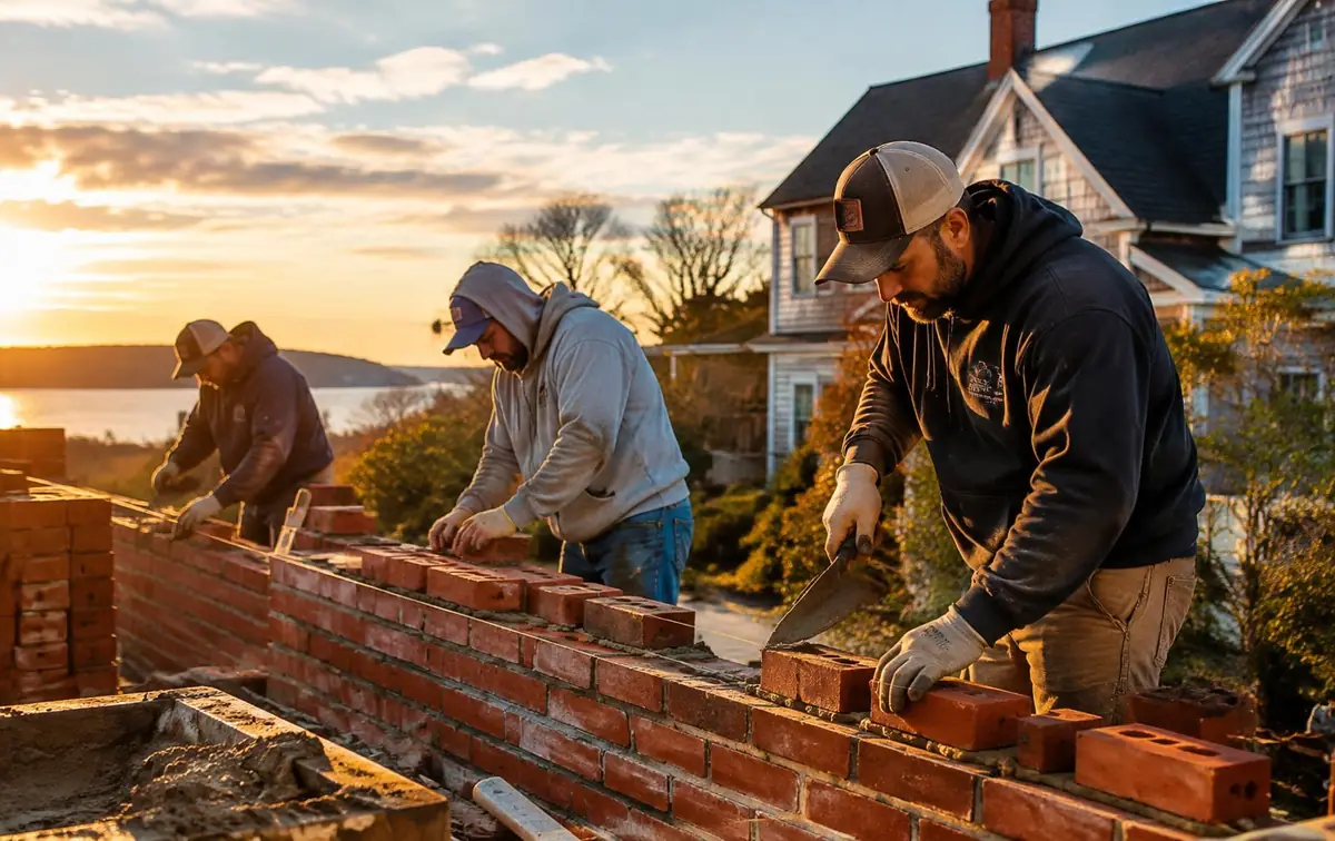 Masonry crew laying a brick wall at a New England home at sunset