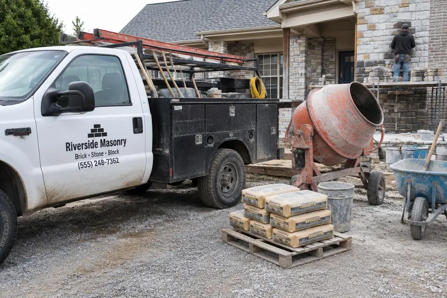 Stone veneer being installed on a residential exterior with a masonry work truck on site